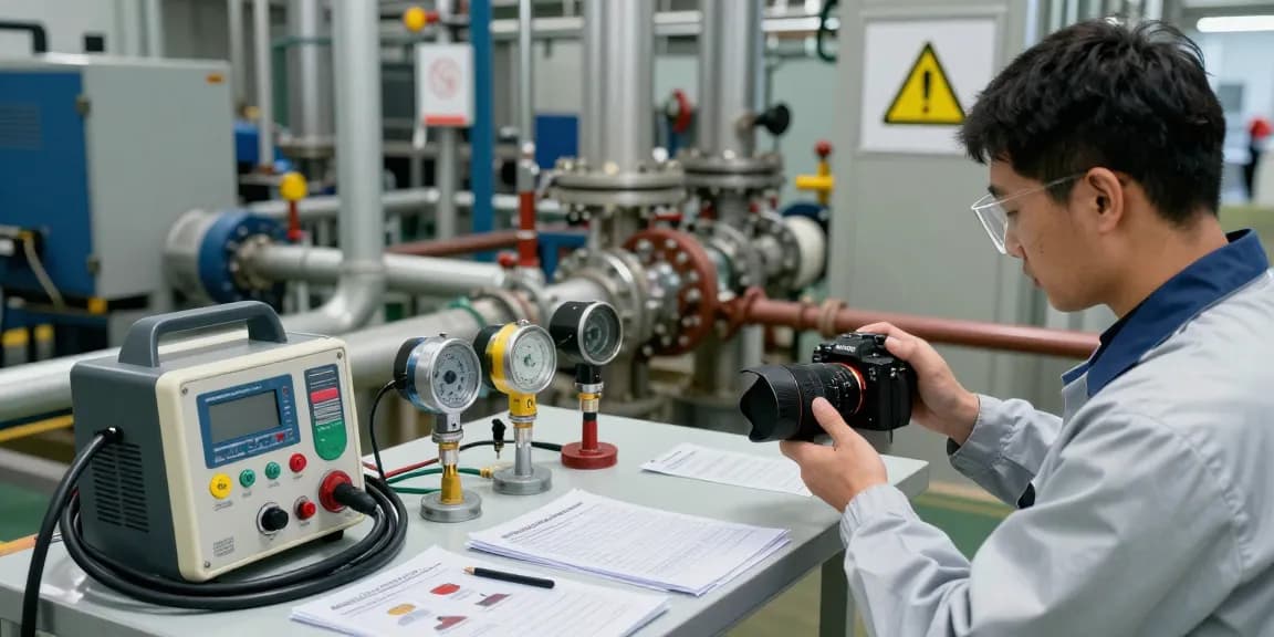Techniker verwendet einen Kanalgas Detektor zur Erkennung von Gaslecks in einer Industrieumgebung mit Sicherheitsausrüstung.