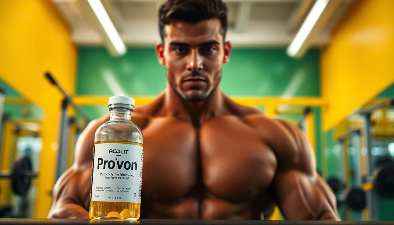 Proviron kaufen im Fitnessraum mit einer Athletin, die eine Proviron-Flasche präsentiert.
