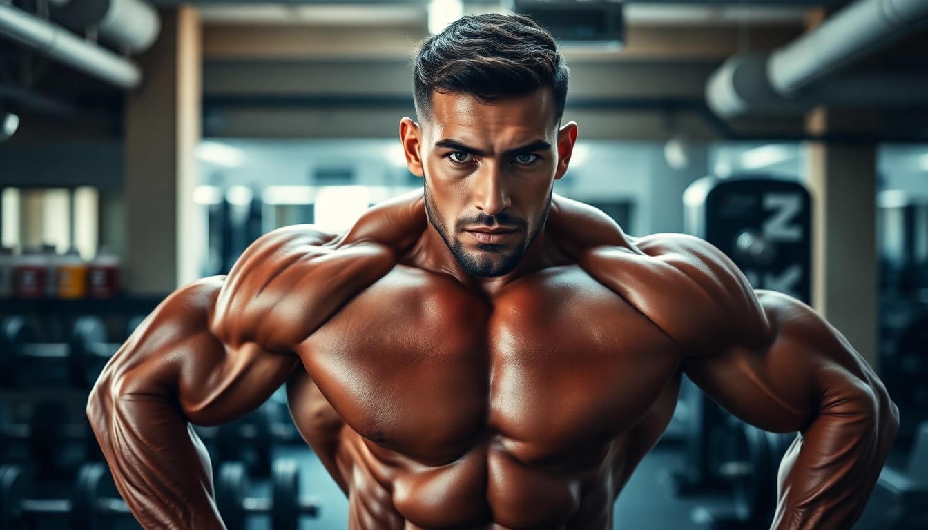 Nandrobal Nadrolone Phenyl Propionate in action: a bodybuilder emphasizes strength and focus in the gym.