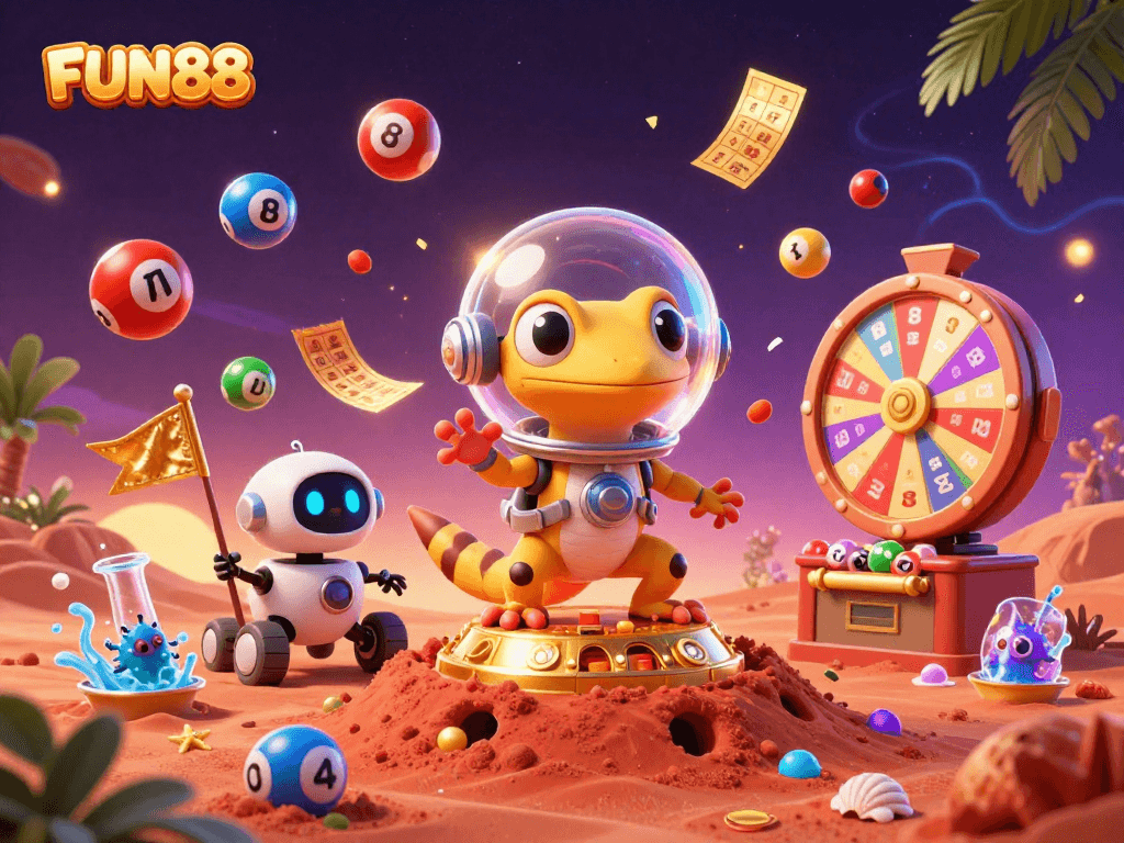 Engage with FUN88's thrilling lottery scene featuring a Martian gecko and colorful game elements.