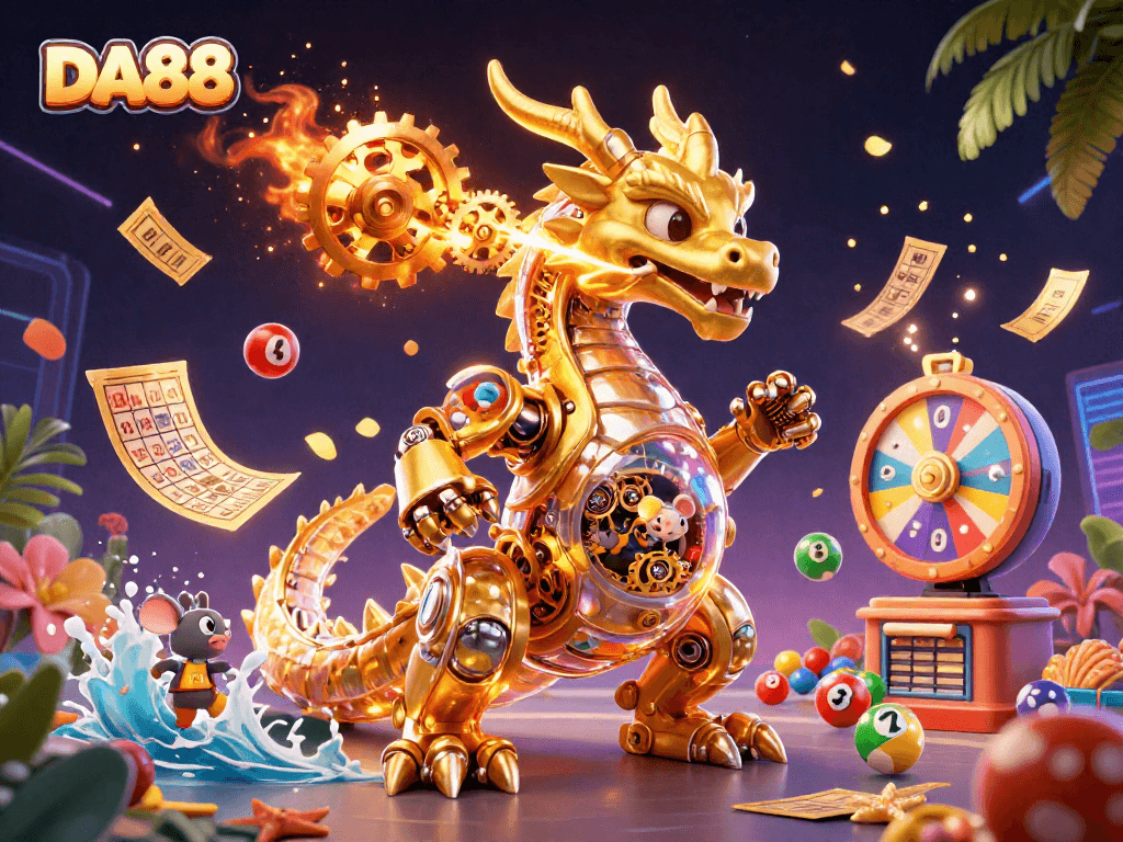 Experience exhilarating lottery action with DA88 featuring vibrant elements and a unique dragon character.