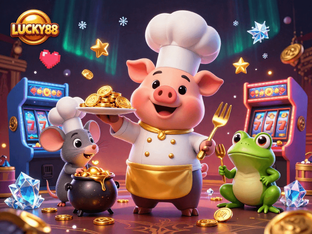 Playing slots with LUCKY88, featuring a chef pig serving gold coins in a vibrant casino scene.