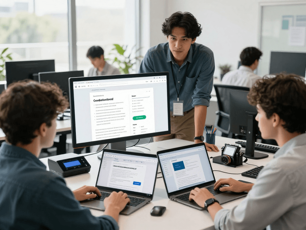 Barrierefreie und rechtssichere Webseiten Dienstleistung showcased through a collaborative web development team ensuring compliance and accessibility in a bright office environment.