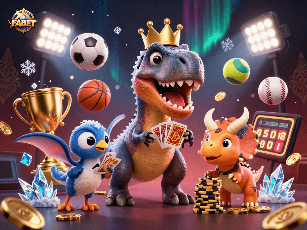 Experience thrilling gameplay with FABET as T-Rex shuffles cards in a vibrant casino scene.
