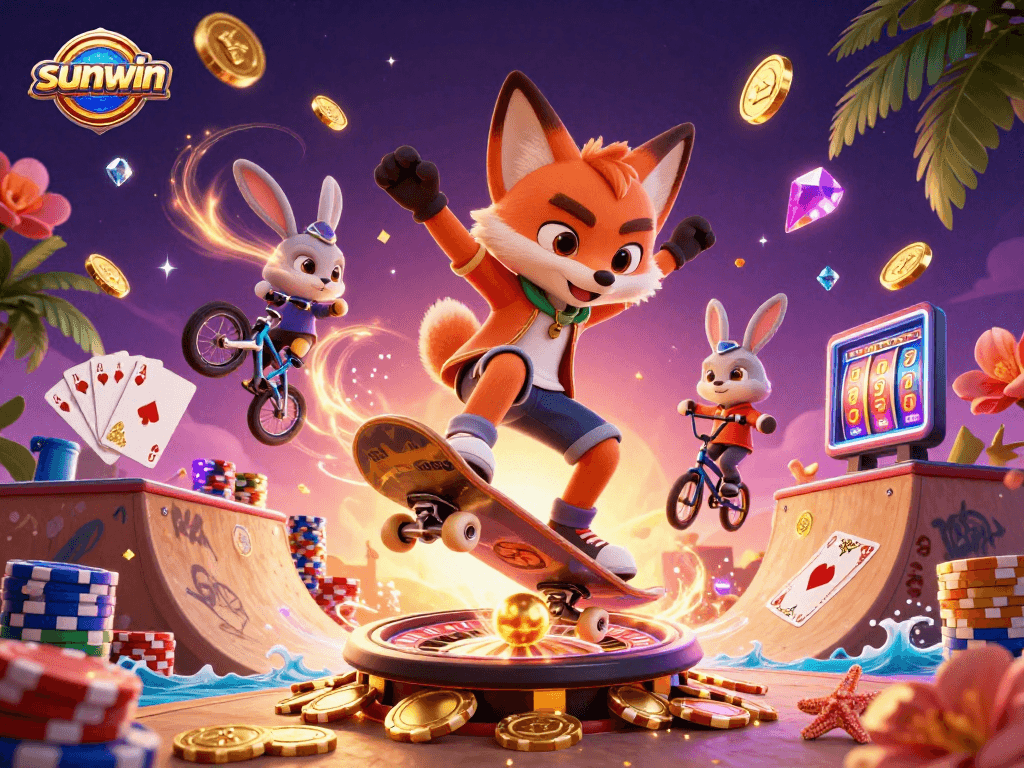 Experience thrilling gameplay at sunwin with a vibrant 3D casino scene featuring a skateboarder fox and BMX rabbit.