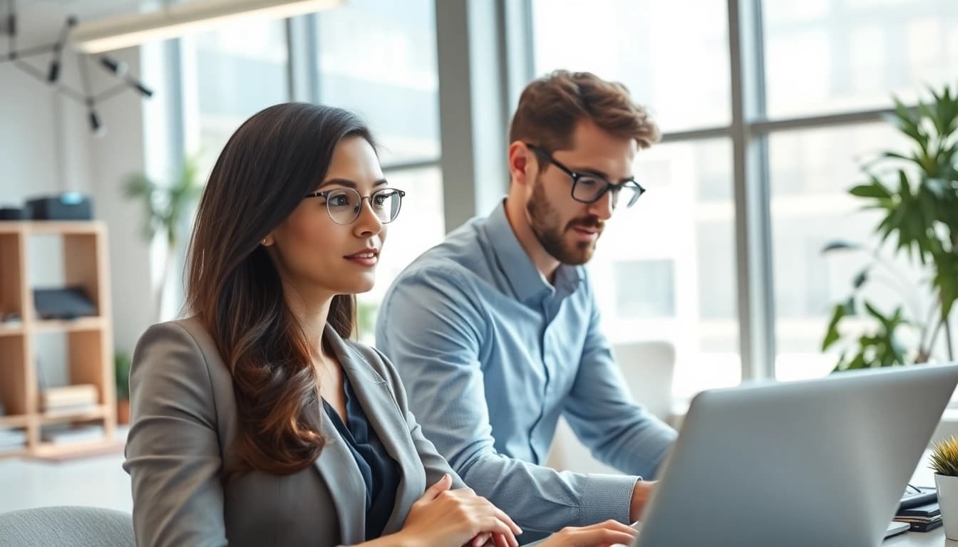 Headhunter IT in a modern office discussing recruitment strategies with a client.