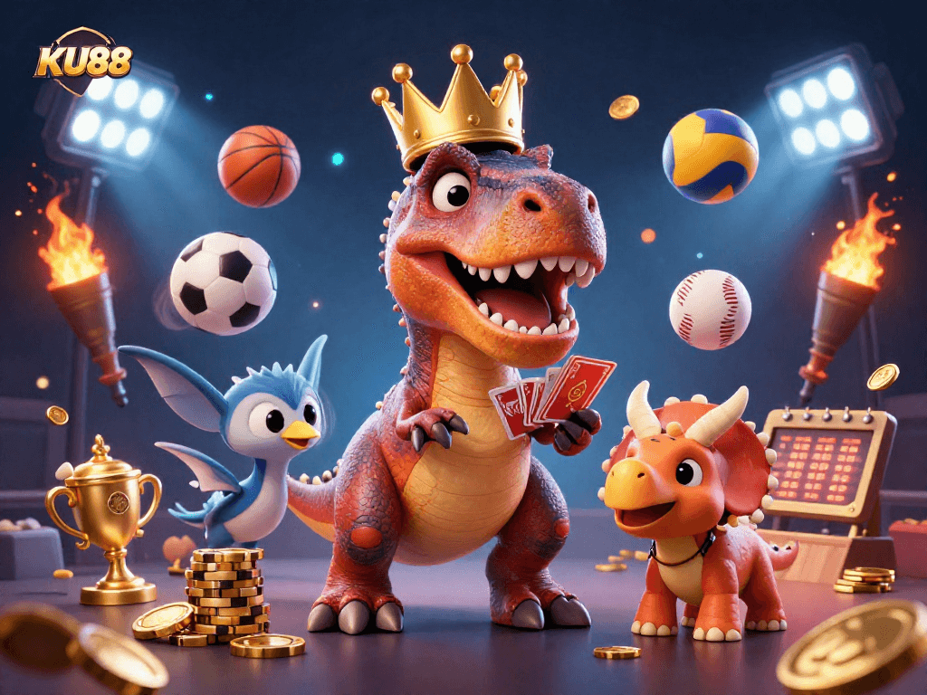 Engage with KU88's vibrant gambling scene featuring a T-Rex playing cards, sports balls, and casino elements.