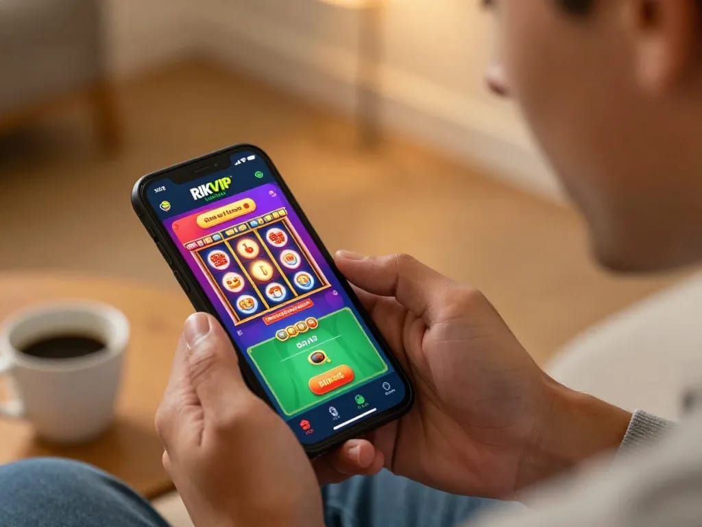 Player enjoying RIKVIP online casino on smartphone in a cozy home setting, showcasing mobile gaming excitement.