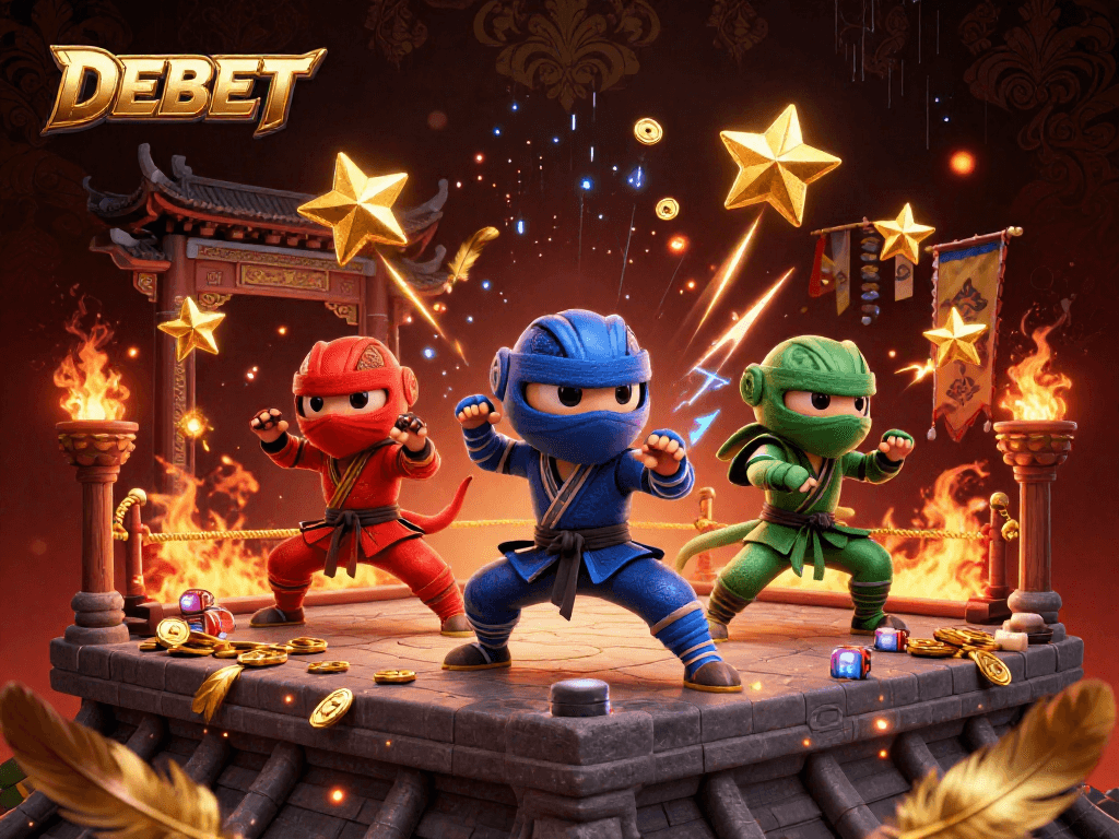 Engage with DEBET's vibrant chameleon warriors in an action-packed casino-themed showdown.