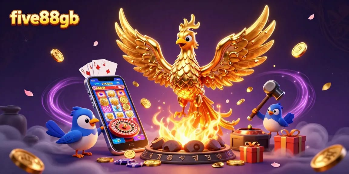 Experience thrilling gameplay with five88gb featuring a gold phoenix amidst dynamic casino elements.