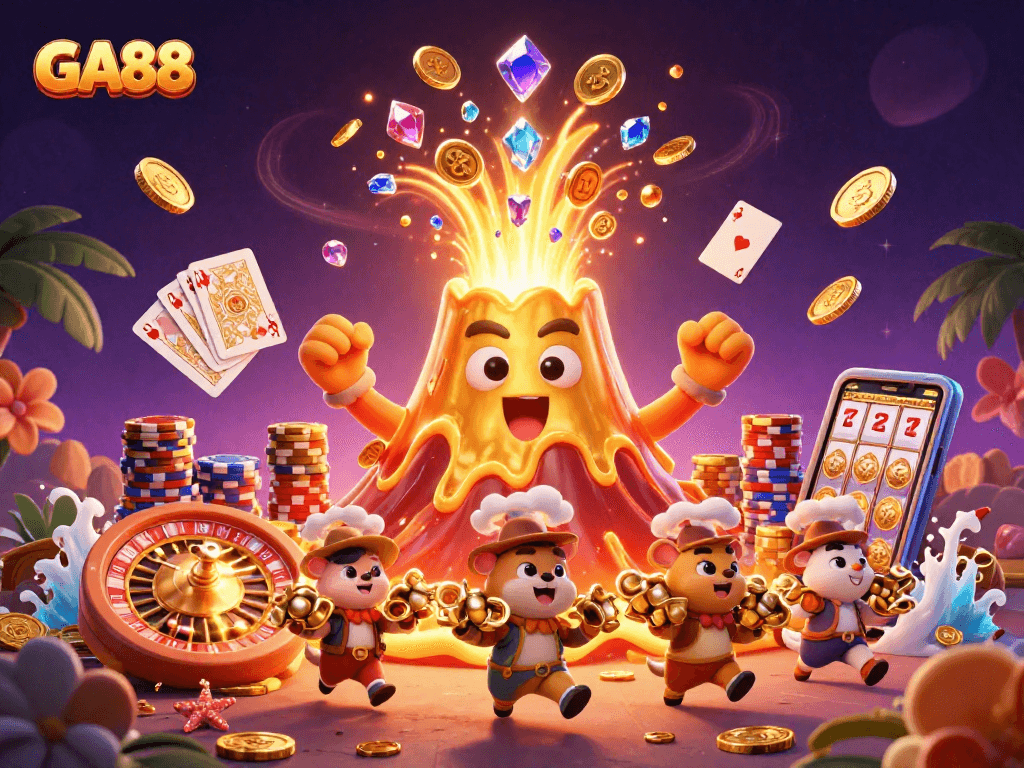Experience GA88's thrilling gaming scene with a golden volcano and treasure-filled excitement.
