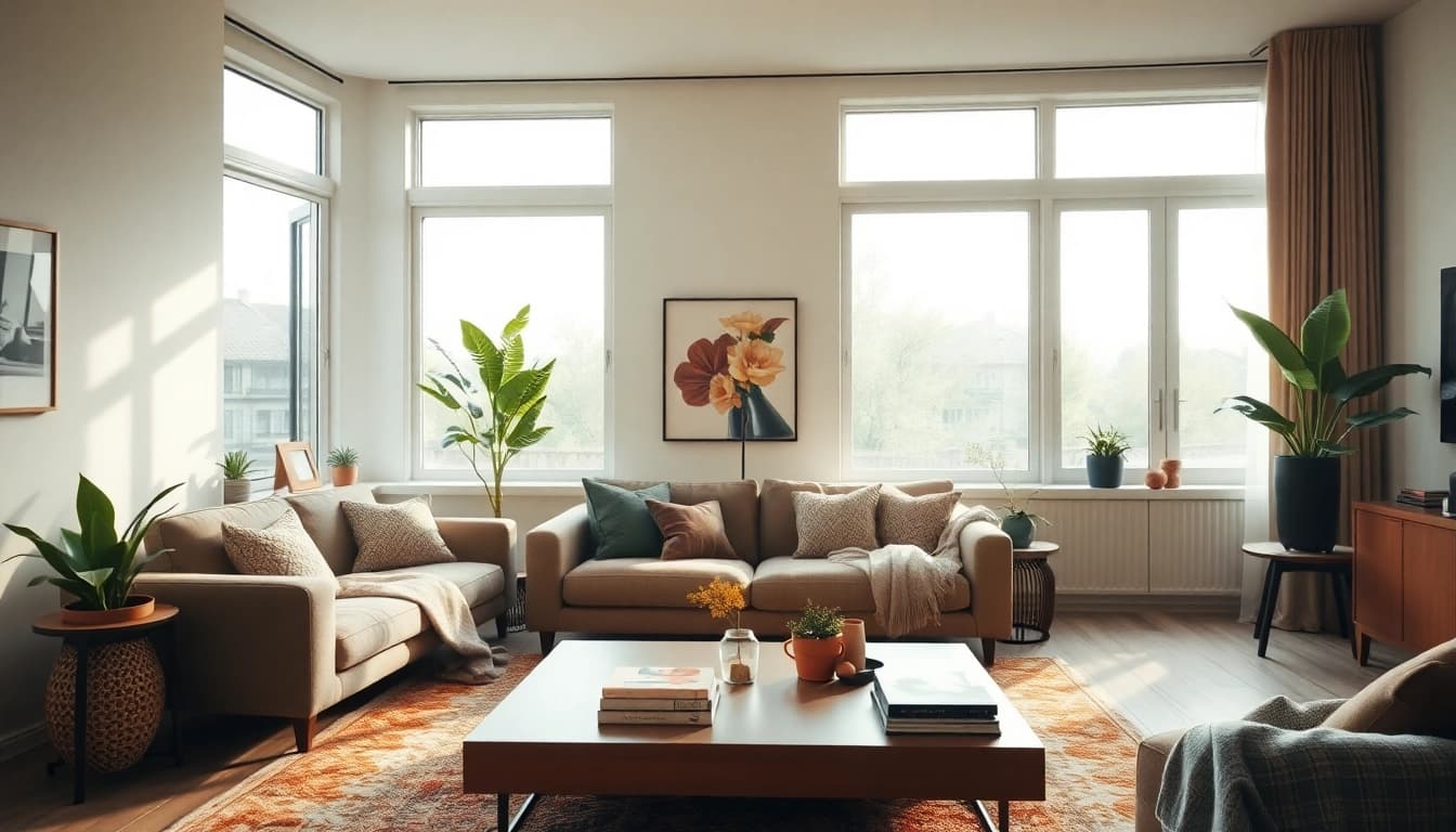 Raumgestaltung in a cozy living room featuring a modern sofa, vibrant decor, and natural light.