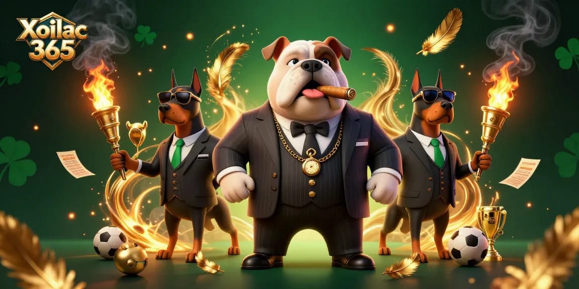 Xoilac 365 showcases a charismatic mafia boss bulldog and bodyguards in an intense sports betting scene.