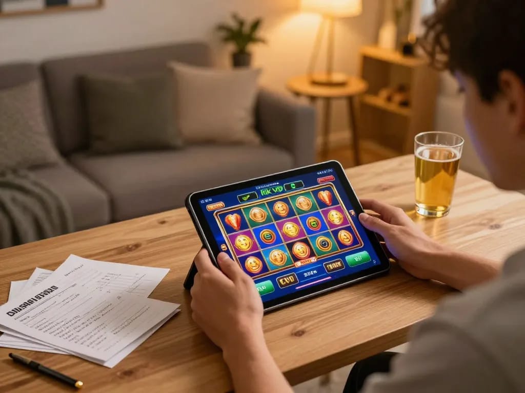 Engaging in rik vip online gaming with colorful slot graphics on tablet, showcasing strategic gambling at home