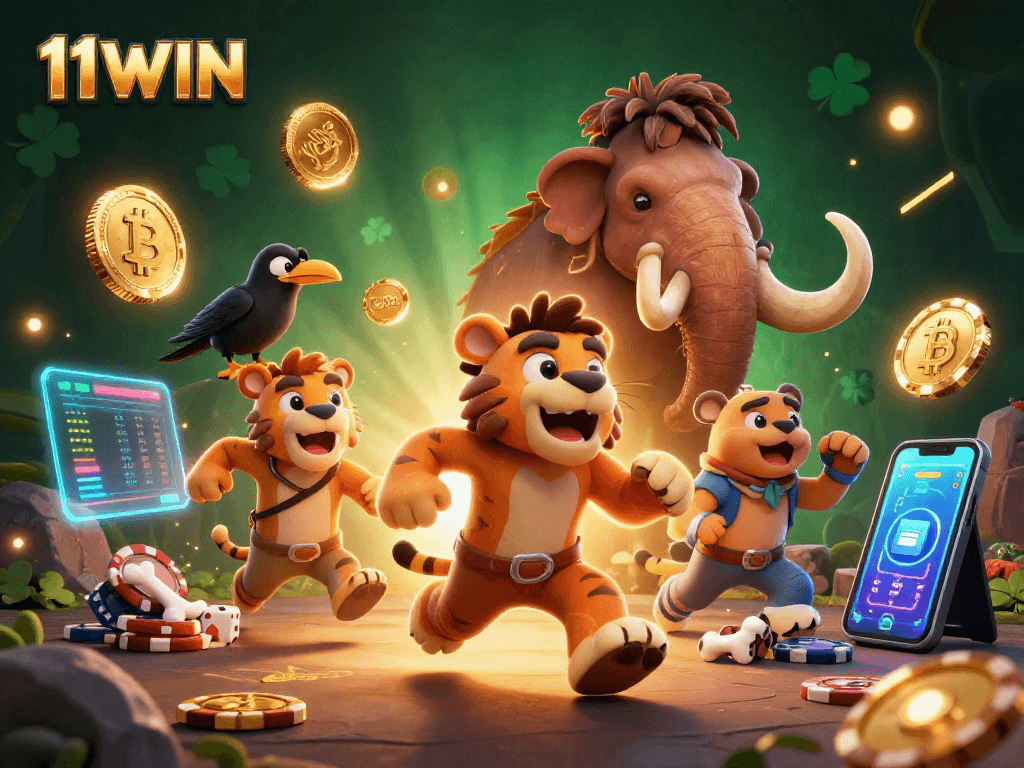 Experience thrilling bets with 11WIN in a vibrant prehistoric casino scene featuring bold characters and dynamic game elements.