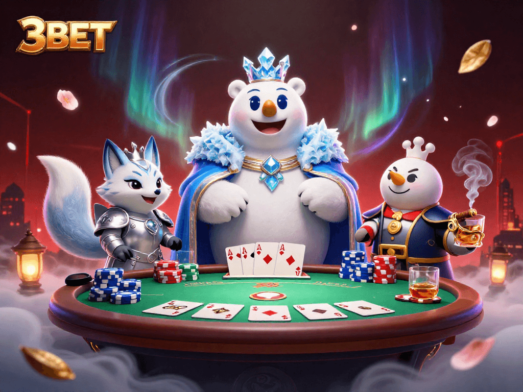 Engage with the vibrant 3BET gaming scene featuring a polar bear and snow fox at a poker table.