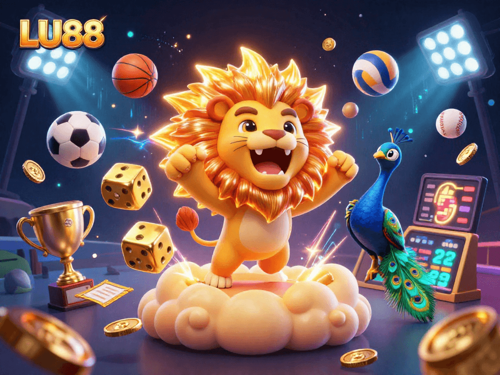 LU88 showcases thrilling gameplay with a sun lion, golden dice, and vibrant sports balls.
