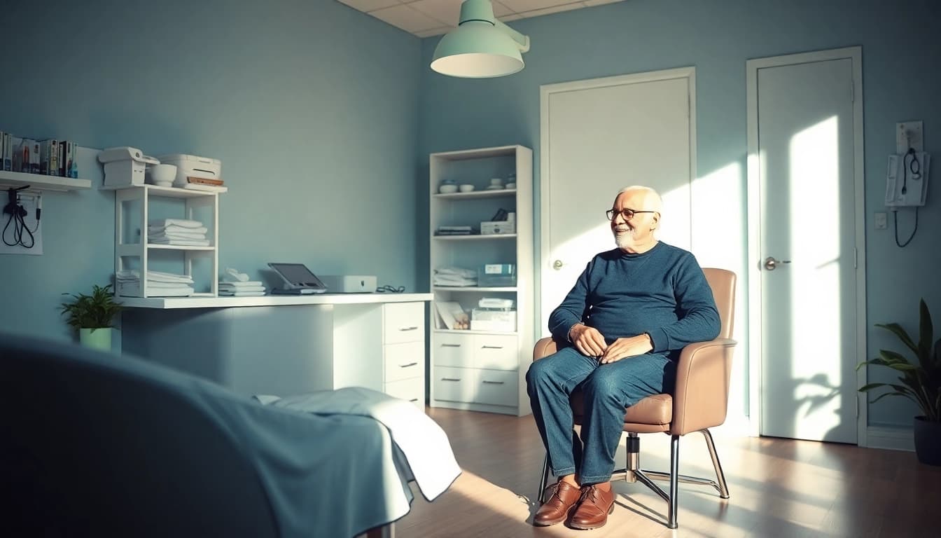 Älterer Patient bespricht Gewichtsverlust mit einem Arzt in einer hellen, einladenden Arztpraxis.