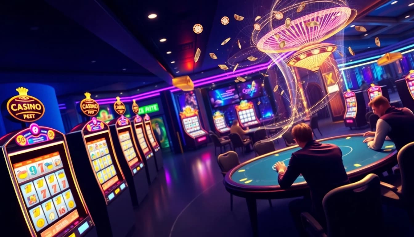 Immerse yourself in the thrilling atmosphere of an online casino with vibrant slot machines and engaging players.