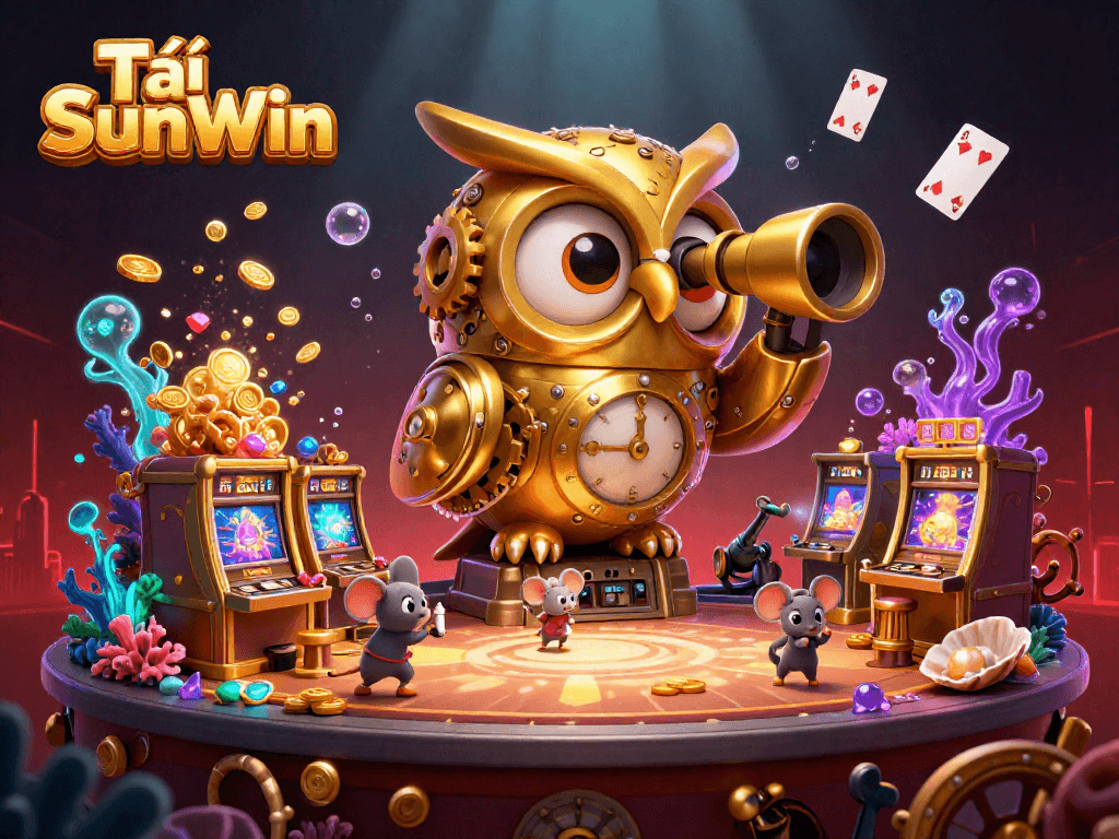 Tải SunWin brings excitement with a clockwork owl overseeing vibrant, treasure-filled casino action.