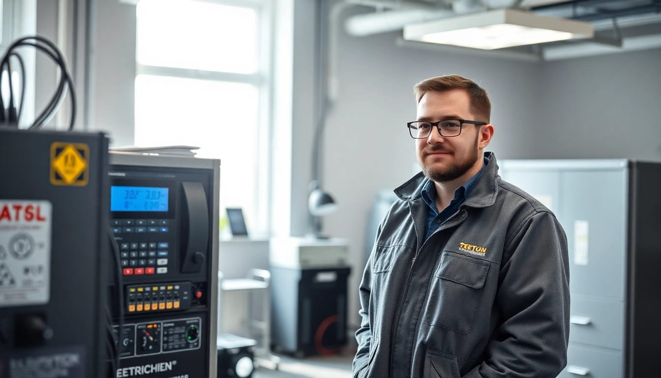 Techniker bei der DGUV V3 Prüfung von elektrischen Geräten im Büro für Sicherheit und Effizienz.