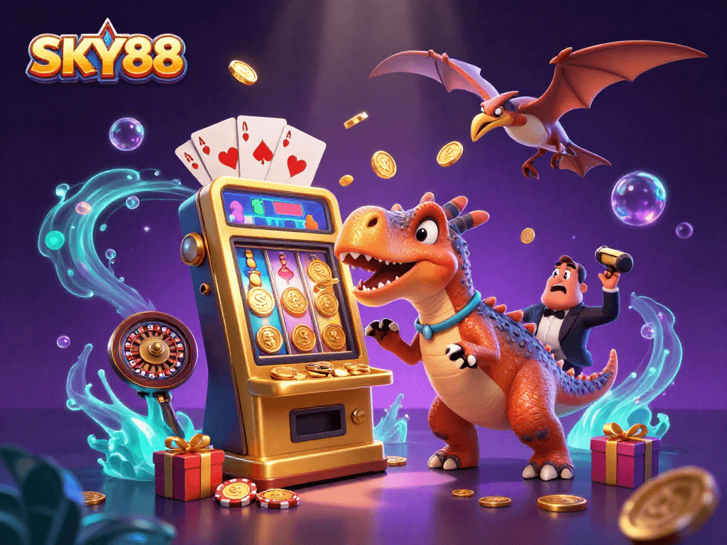 SKY88 pachycephalosaurus hits a golden slot machine, jackpot coins flying around in an exciting casino scene