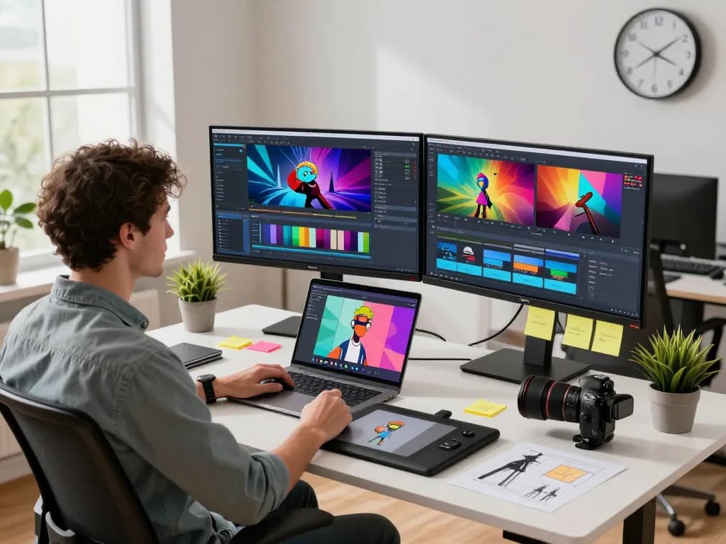 Kling 2.6 motion control in a creative video production workspace showing monitors with animations and editing software.