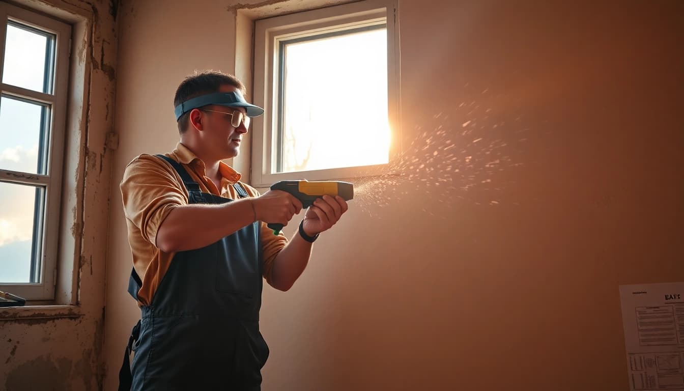 Handwerker bei der Hausrenovierung mit Werkzeugen und Sonnenlicht.