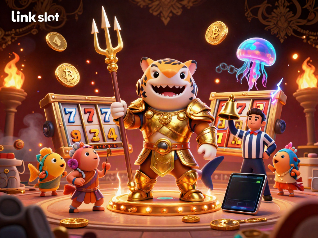 Experience the thrill of link slot games with a vibrant underwater scene featuring a golden gladiator shark among slot elements.