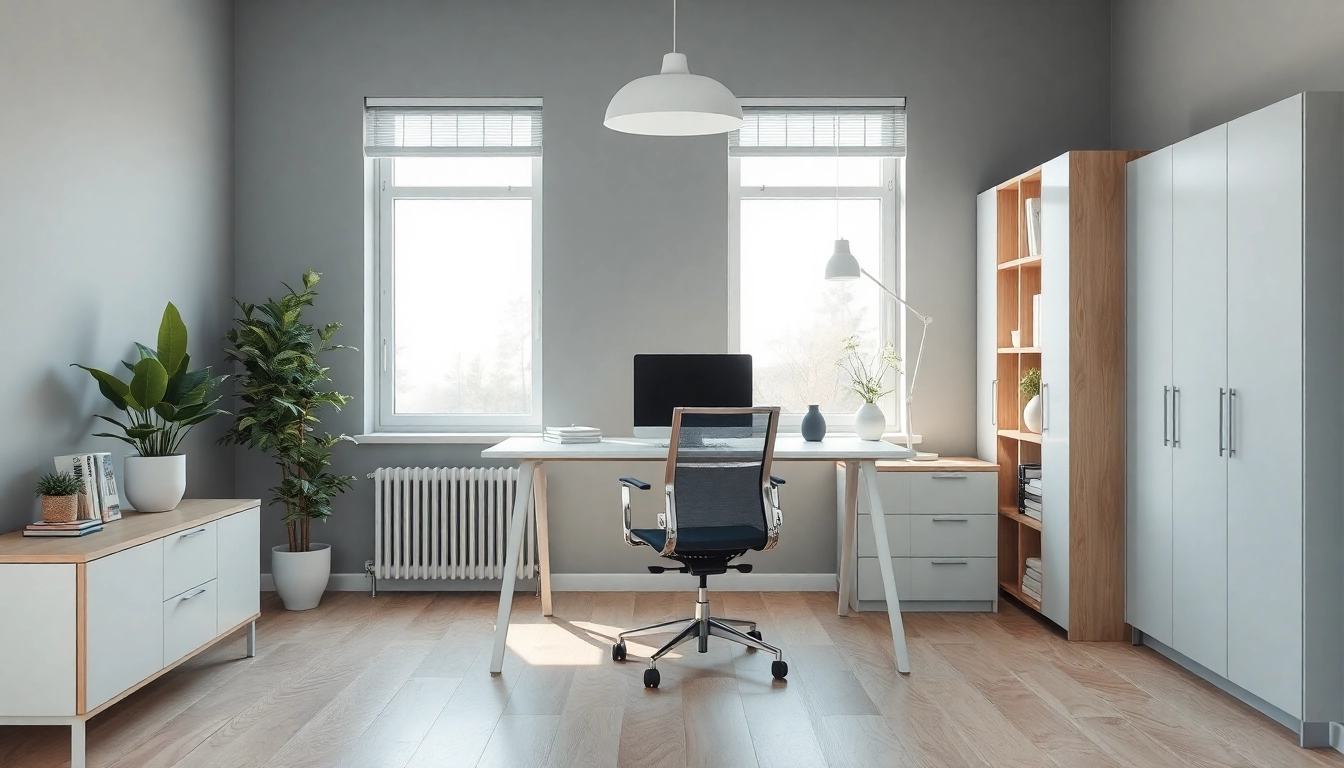 Moderne Büromöbel in einem inspirierenden Büro mit ergonomischem Schreibtisch und Stuhl.