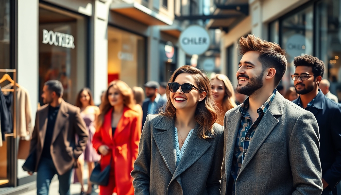 Mode & Lifestyle Onlineshops: Stylish individuals showcase modern fashion in an urban environment.