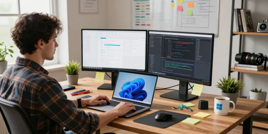 Windows 11 Pro auf modernem Home-Office-Schreibtisch mit Laptop und Monitoren