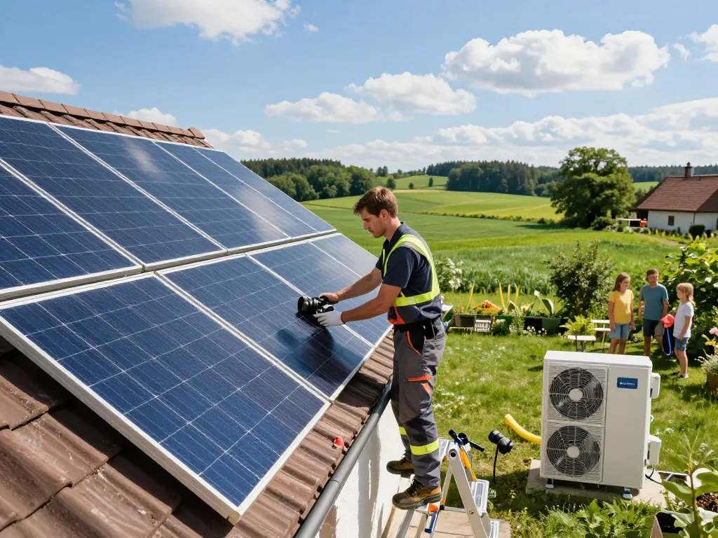 Photovoltaik Bayern Solarpanel-Installation mit Techniker auf dem Dach, der erneuerbare Energielösungen in Bayern präsentiert.
