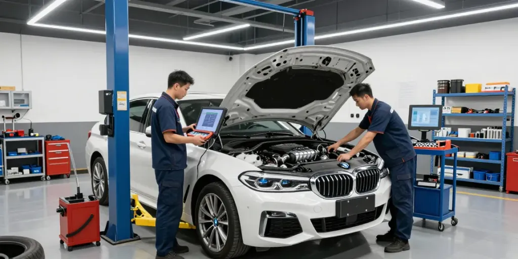Professionelle BMW Werkstatt in Hannover mit Techniker bei der Arbeit am Fahrzeug, bmw werkstatt hannover