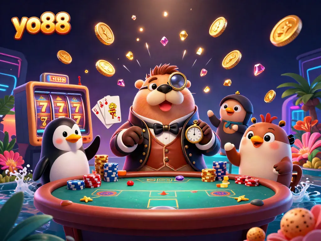 Experience winning at yo88 with a vibrant underwater casino scene featuring gambling characters and action.