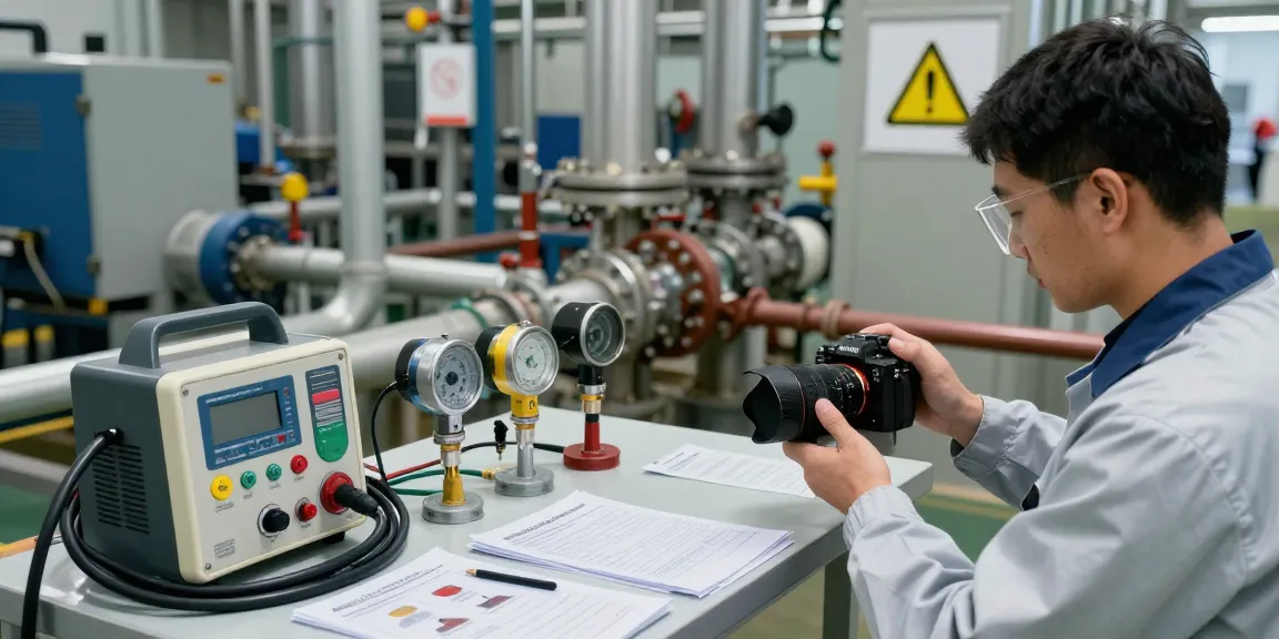Techniker verwendet einen Kanalgas Detektor zur Erkennung von Gaslecks in einer Industrieumgebung mit Sicherheitsausrüstung.