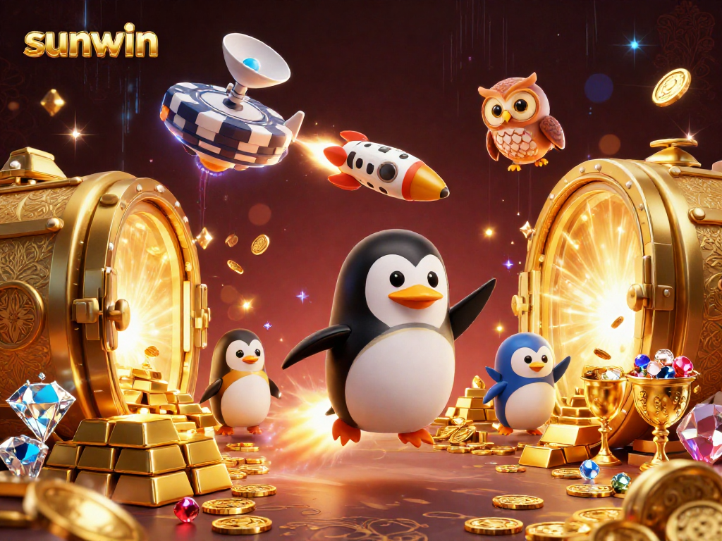 Experience thrilling wins at Sunwin with a heart-pounding penguin blasting towards a dazzling casino galaxy.