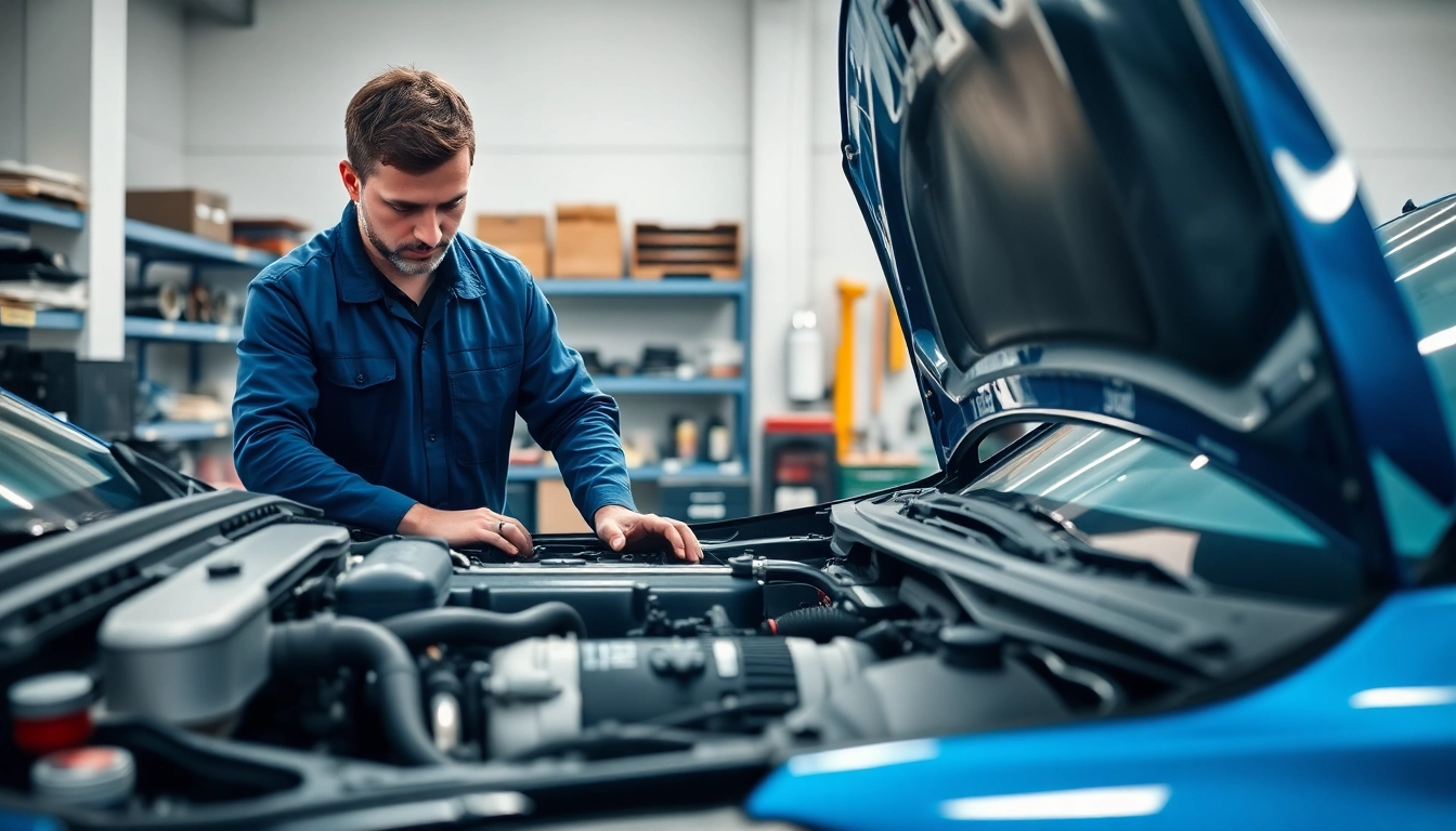 Motorschaden Ankauf: Mechanic examining damaged engine parts in a bright garage.
