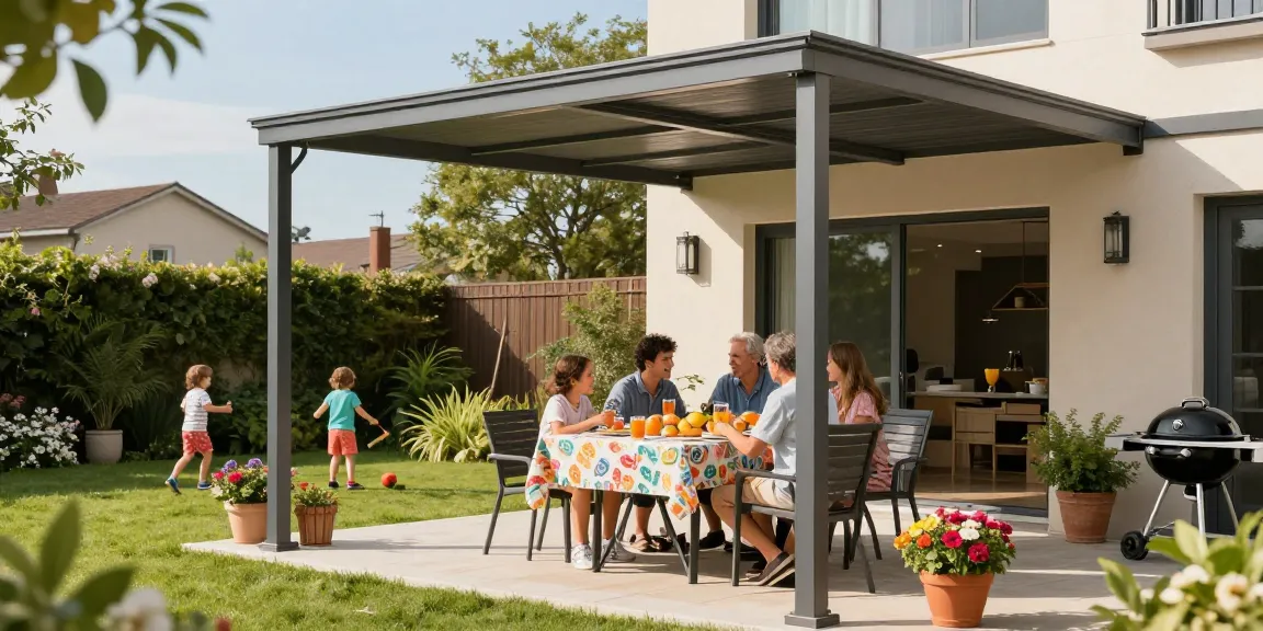 Familie genießt ihre Zeit mit Terrassenüberdachungen im Garten.