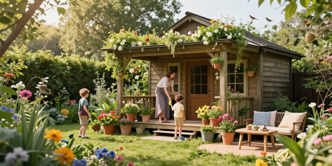 Gartenhäuser aus Holz im schönen Garten mit bunten Blumen und aktiven Familienmitgliedern.