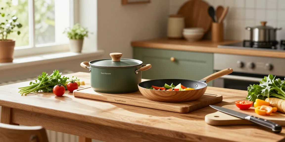 Stilvolles Küchenarrangement mit Topfuntersetzer aus Holz und frischen Zutaten.