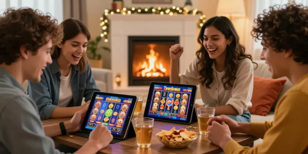 Freunde spielen sichere mobile Casinos zusammen auf einem Tablet in einem gemütlichen Wohnzimmer.