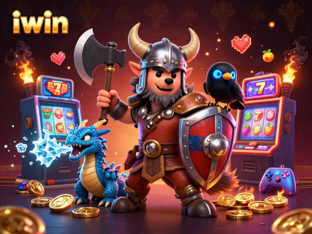 Engage with the iwin casino experience featuring a Viking wolf warrior amid colorful slot machines.