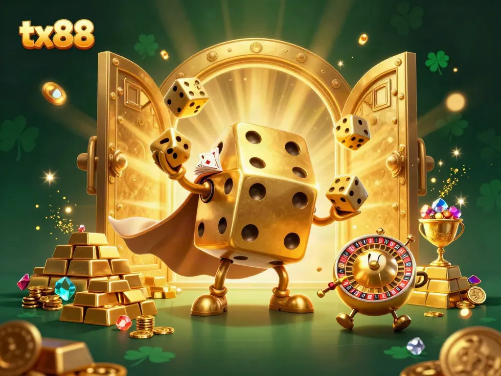 Experience thrilling gaming adventures with tx88's vibrant 3D illustration showcasing dynamic casino elements.