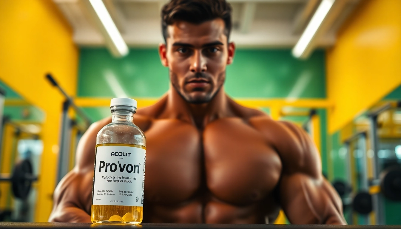Proviron kaufen im Fitnessraum mit einer Athletin, die eine Proviron-Flasche präsentiert.