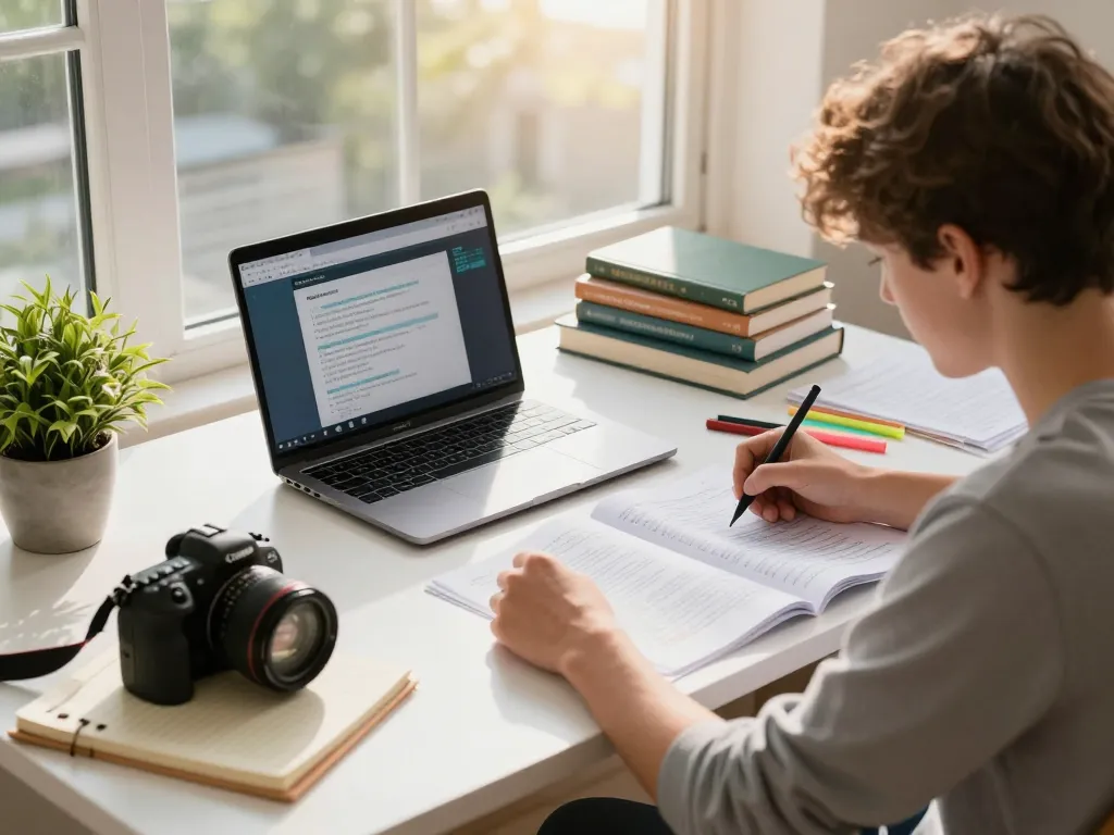 Schüler konzentriert auf das Hausaufgaben Lösen an einem hellen Schreibtisch, umgeben von Büchern und Lernmaterialien.