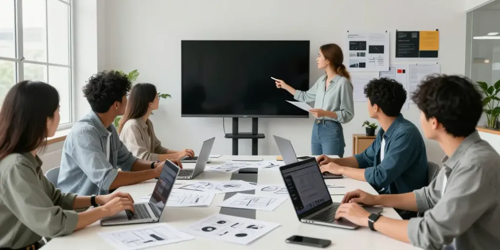 Professionelle Teamarbeit im Webdesign Saarland mit kreativen Konzepten und Laptops.