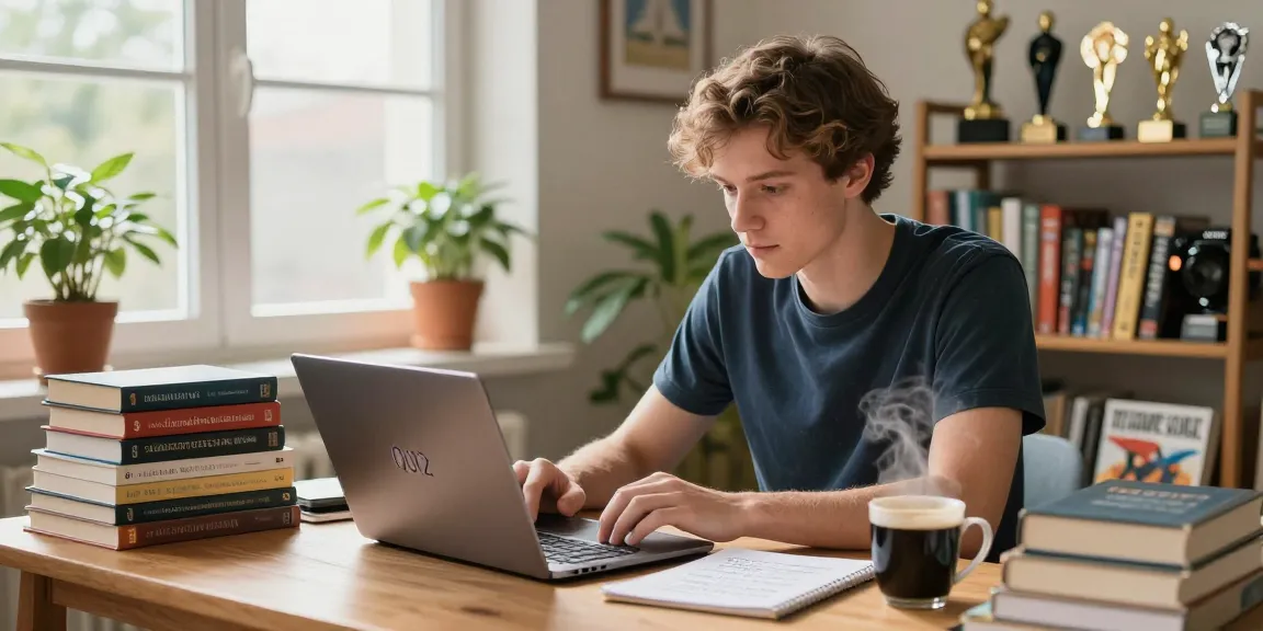 Engaging study scene of a young man taking a Quiz Allgemeinwissen with books and notes.