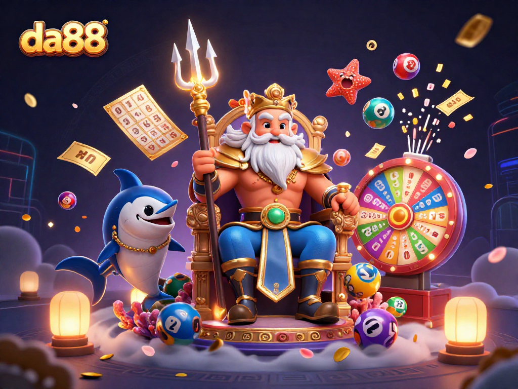 Experience thrilling games at da88 with a vibrant illustration of Neptune, the sea king, and exciting lottery elements.