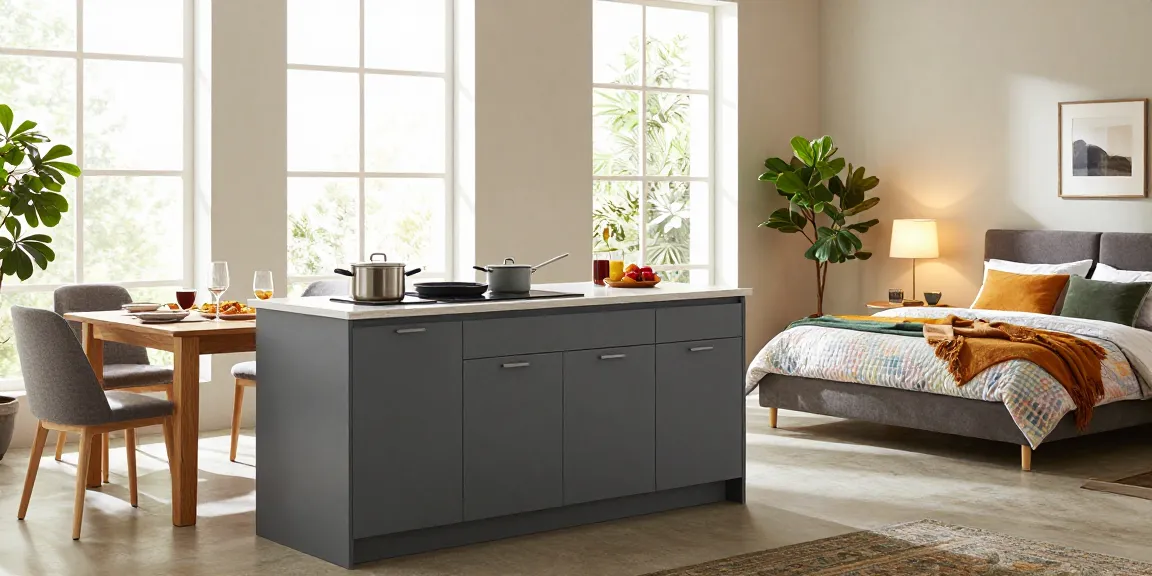 Eleganter Wohnraum, der eine stilvolle Küche und ein gemütliches Schlafzimmer zeigt, ideal für wohnmöbel online kaufen.